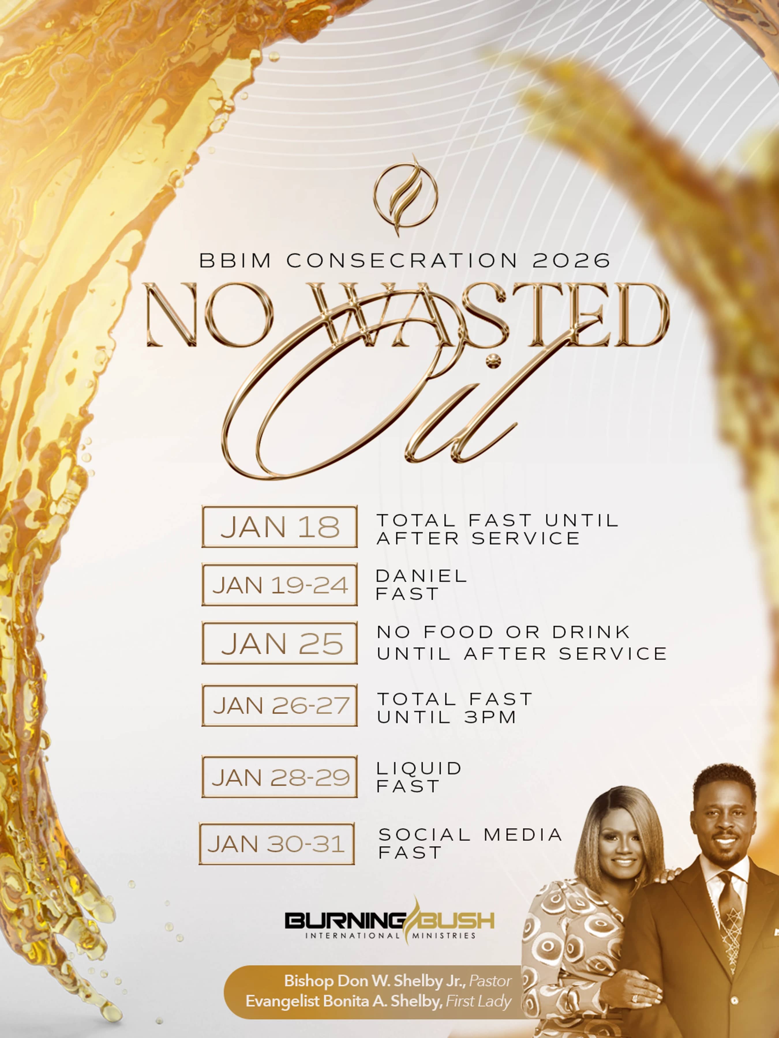 A flyer for the BBIM Consecration 2026 event titled 'No Wasted Oil,' featuring a fasting schedule for January and a photo of the pastor and first lady.